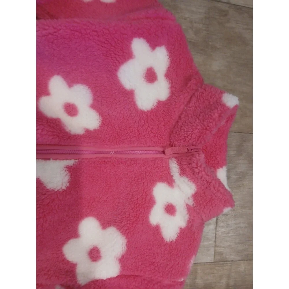Girl’s Jumping Beans High Pile Fleece Jacket Pink White Flower Full Zip - Size 8